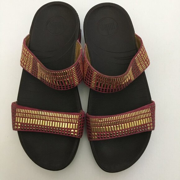 Fitflop Pink Gold Azteck Chada Womens 37 EU/ 6 US Slide Slip On Leather Rubber - Picture 10 of 16